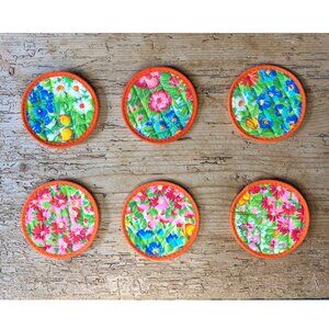Six Vintage 60s MCM Mod Quilted Floral Wildflowers Colorful Round Drink Coasters
